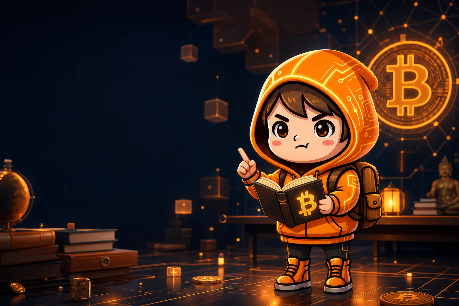 Little Sat mascot in a glowing Bitcoin learning environment with nodes and warm orange light