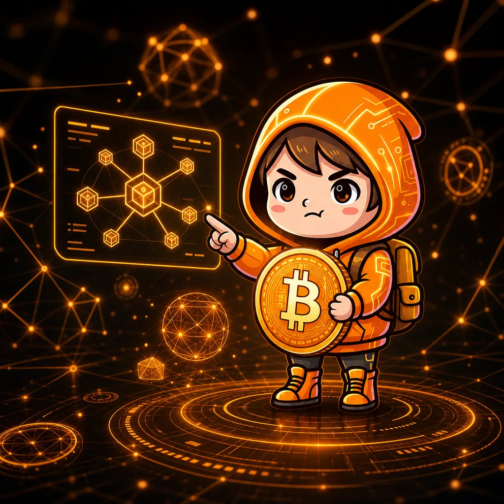 Little Sat mascot teaching Bitcoin with glowing nodes