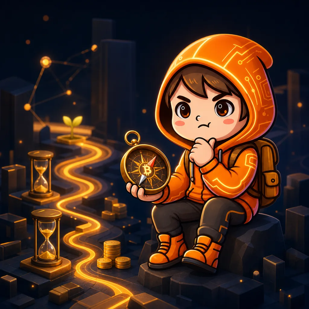 Little Sat mascot thinking like a Bitcoiner with a Bitcoin compass and long-term path