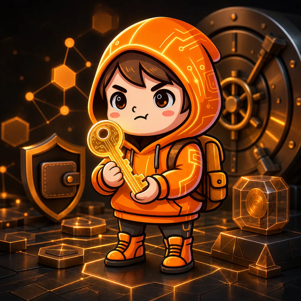 Little Sat mascot holding a glowing self custody key and Bitcoin security symbols